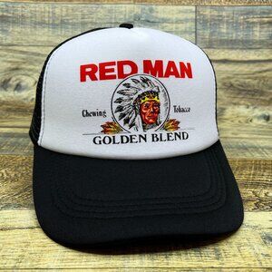 Red Man Mens Trucker Hat Black Snapback Golden Blend Chewing Tobacco Ball Cap